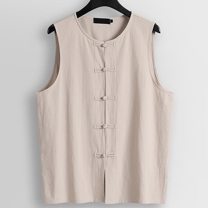 Buddha Stones Retro Frog-Button Crew Neck Men's Cotton Linen Sleeveless Vest - BlanchedAlmond - US/UK/AU56，EU66(9XL) - image 0
