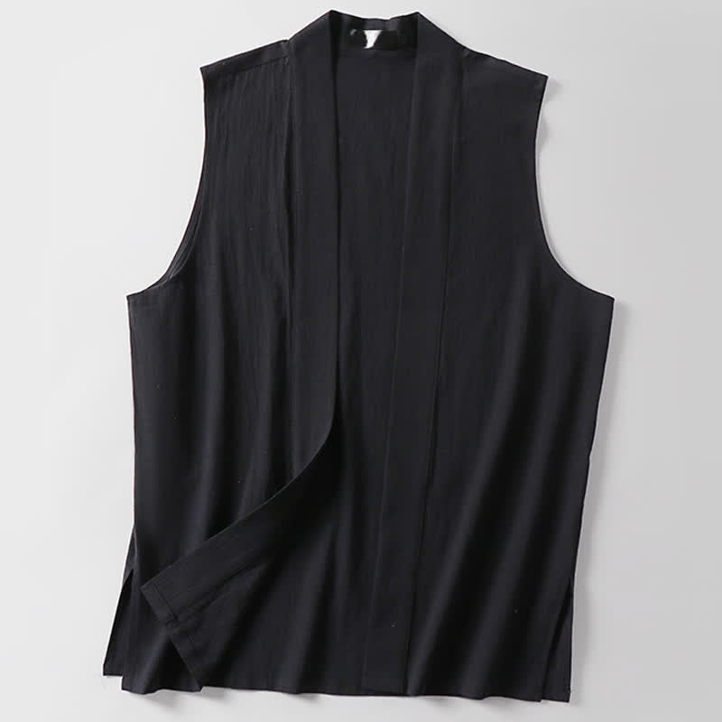 Buddha Stones Spring Pure Color Open Front Design Men's Cotton Linen Sleeveless Kimono - image 11