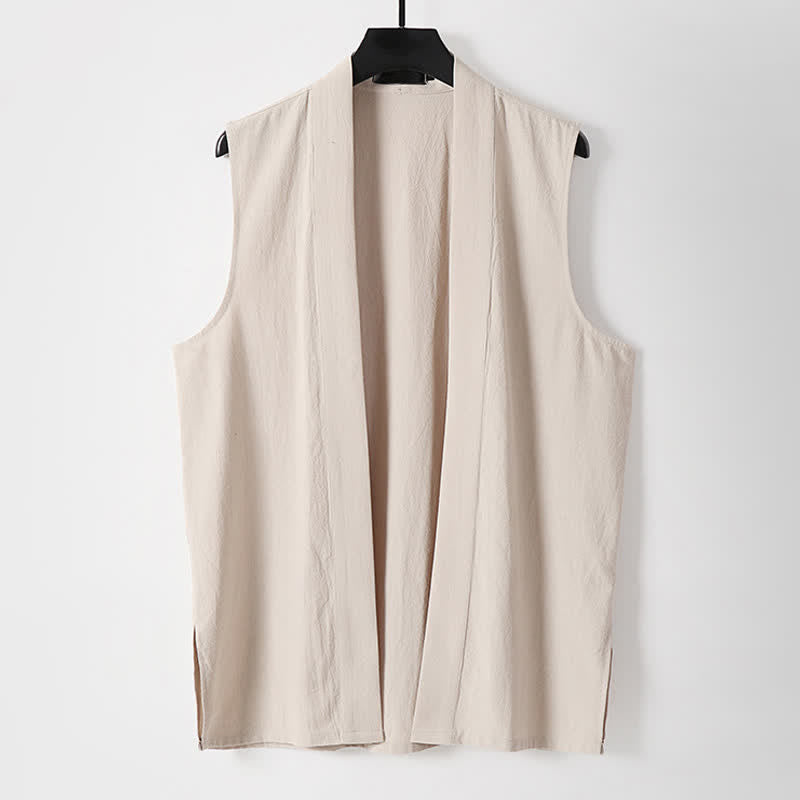 Buddha Stones Spring Pure Color Open Front Design Men's Cotton Linen Sleeveless Kimono - Beige - US/UK/AU56，EU66(9XL) - image 13