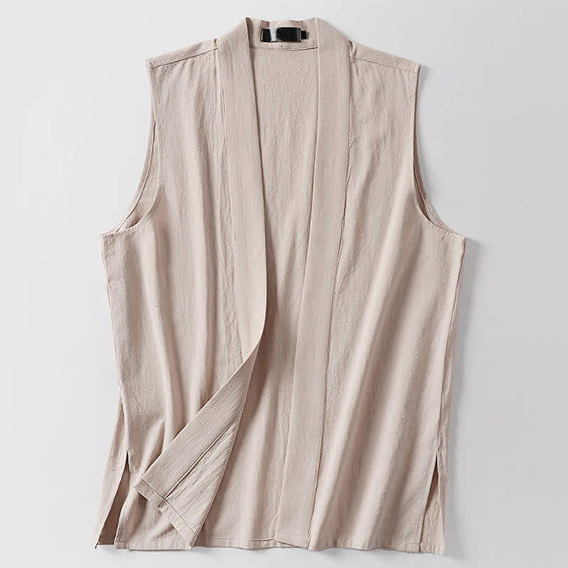 Buddha Stones Spring Pure Color Open Front Design Men's Cotton Linen Sleeveless Kimono - image 14