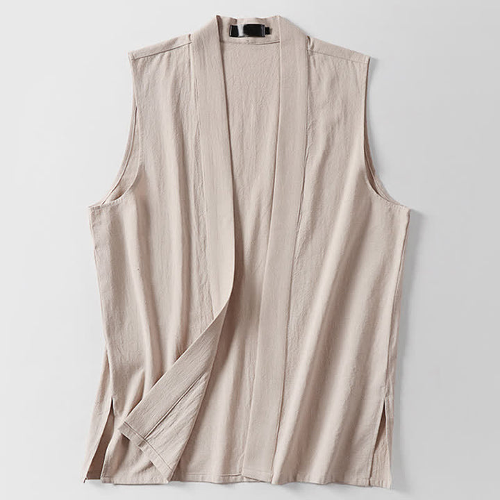 Buddha Stones Spring Pure Color Open Front Design Men's Cotton Linen Sleeveless Kimono - image 14