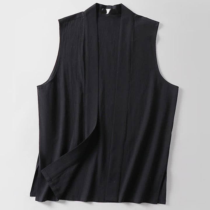 Buddha Stones Spring Pure Color Open Front Design Men's Cotton Linen Sleeveless Kimono - image 11