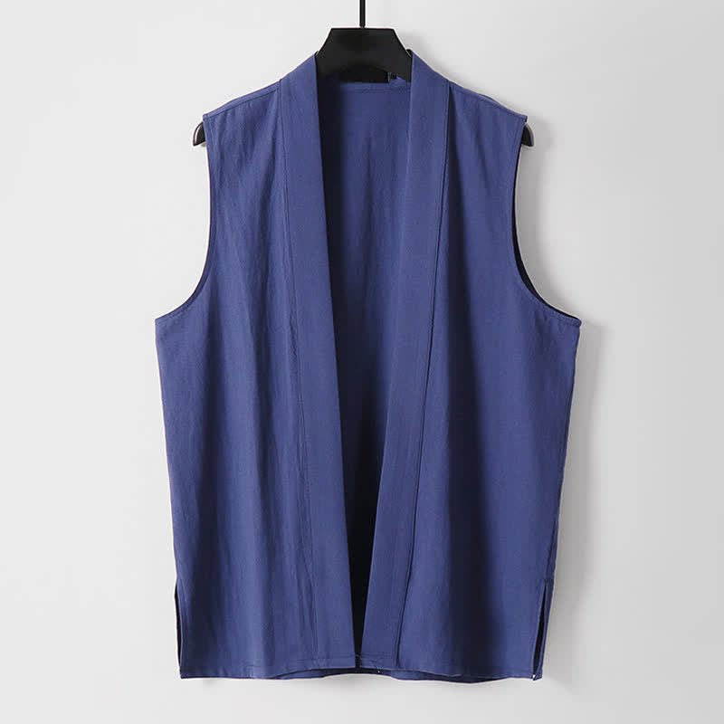 Buddha Stones Spring Pure Color Open Front Design Men's Cotton Linen Sleeveless Kimono - DarkBlue - US/UK/AU56，EU66(9XL) - image 15