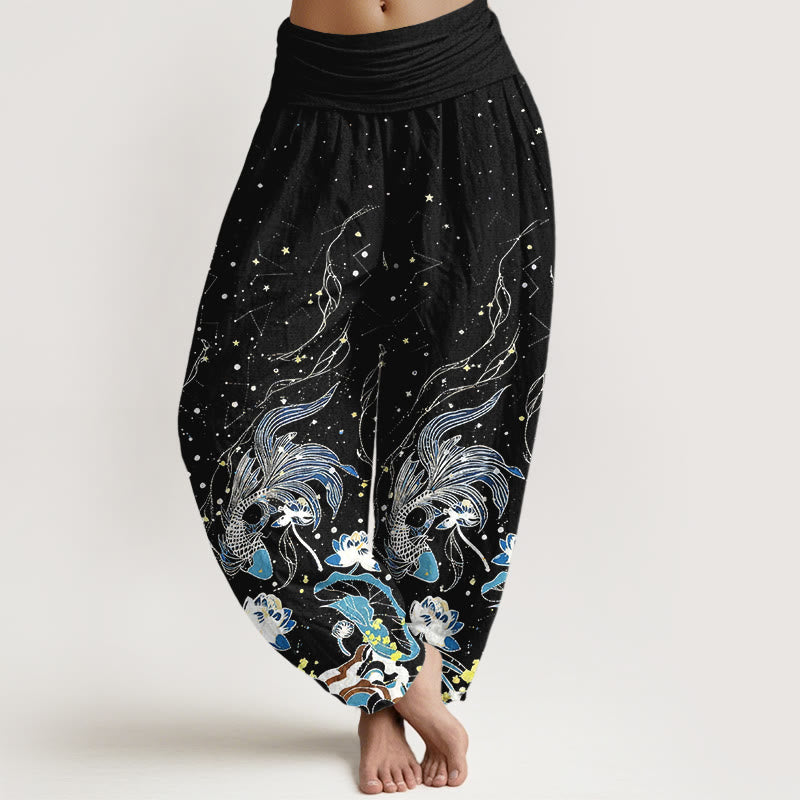 Buddha Stones Cotton Starry Sky Koi Fish Lotus Waves Pattern Women's Elastic Waist Harem Pants - Black - US16，UK/AU20，EU48 (3XL) - image 0