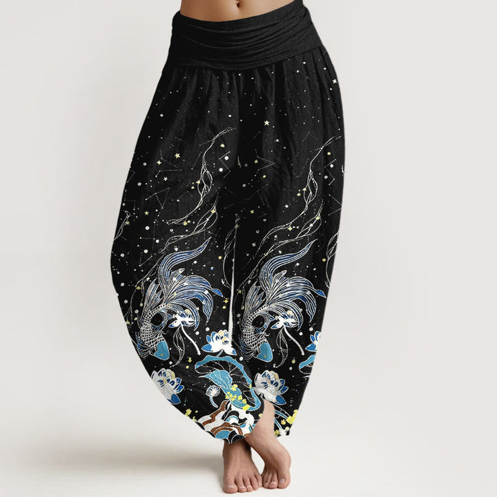 Buddha Stones Cotton Starry Sky Koi Fish Lotus Waves Pattern Women's Elastic Waist Harem Pants - Black - US16，UK/AU20，EU48 (3XL) - image 0