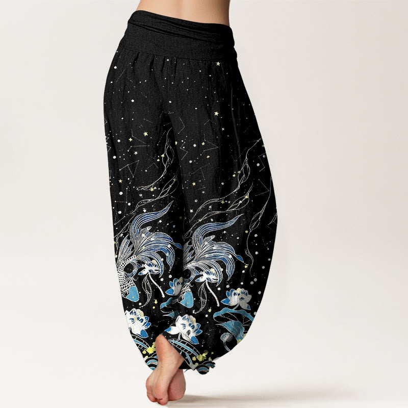 Buddha Stones Cotton Starry Sky Koi Fish Lotus Waves Pattern Women's Elastic Waist Harem Pants - image 2