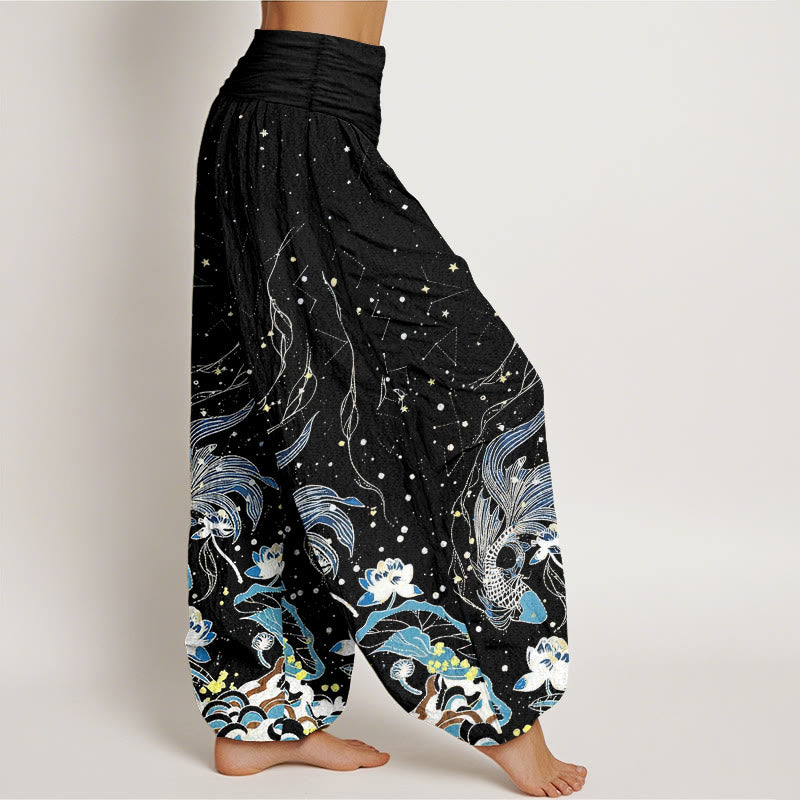 Buddha Stones Cotton Starry Sky Koi Fish Lotus Waves Pattern Women's Elastic Waist Harem Pants - image 1