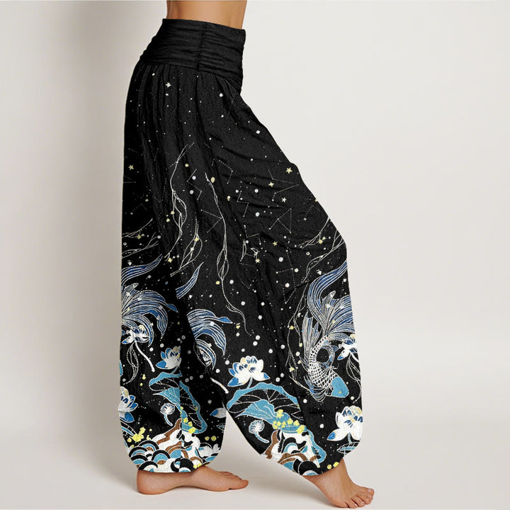 Buddha Stones Cotton Starry Sky Koi Fish Lotus Waves Pattern Women's Elastic Waist Harem Pants - image 1