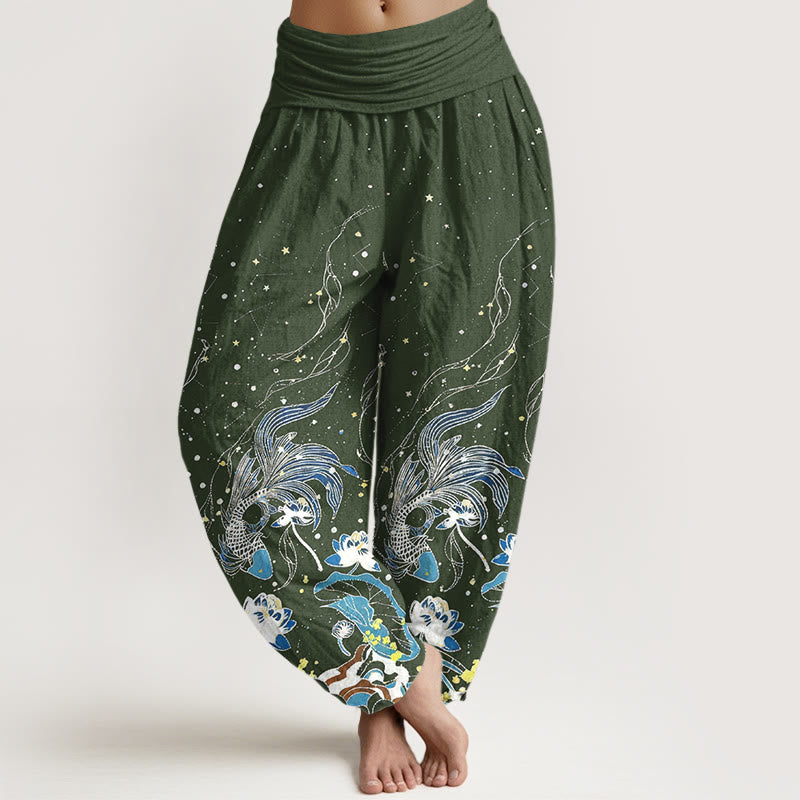 Buddha Stones Cotton Starry Sky Koi Fish Lotus Waves Pattern Women's Elastic Waist Harem Pants - DarkOliveGreen - US16，UK/AU20，EU48 (3XL) - image 5