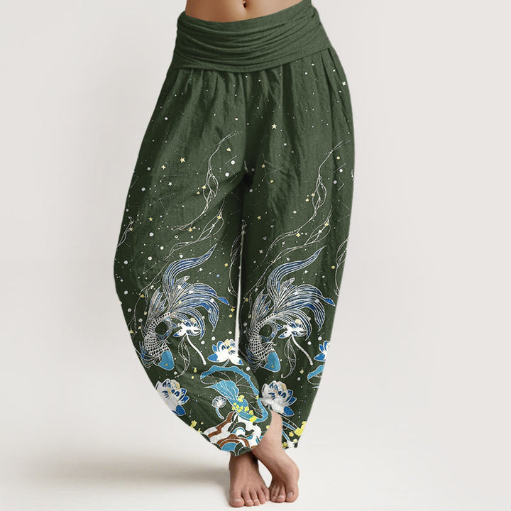 Buddha Stones Cotton Starry Sky Koi Fish Lotus Waves Pattern Women's Elastic Waist Harem Pants - DarkOliveGreen - US16，UK/AU20，EU48 (3XL) - image 5