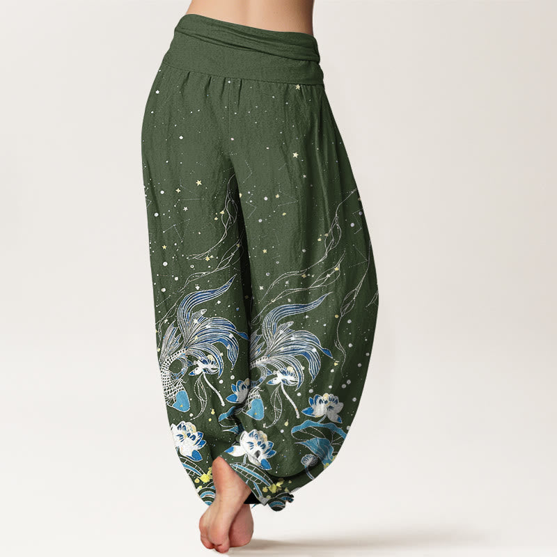 Buddha Stones Cotton Starry Sky Koi Fish Lotus Waves Pattern Women's Elastic Waist Harem Pants - image 7