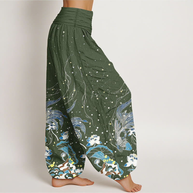 Buddha Stones Cotton Starry Sky Koi Fish Lotus Waves Pattern Women's Elastic Waist Harem Pants - image 6