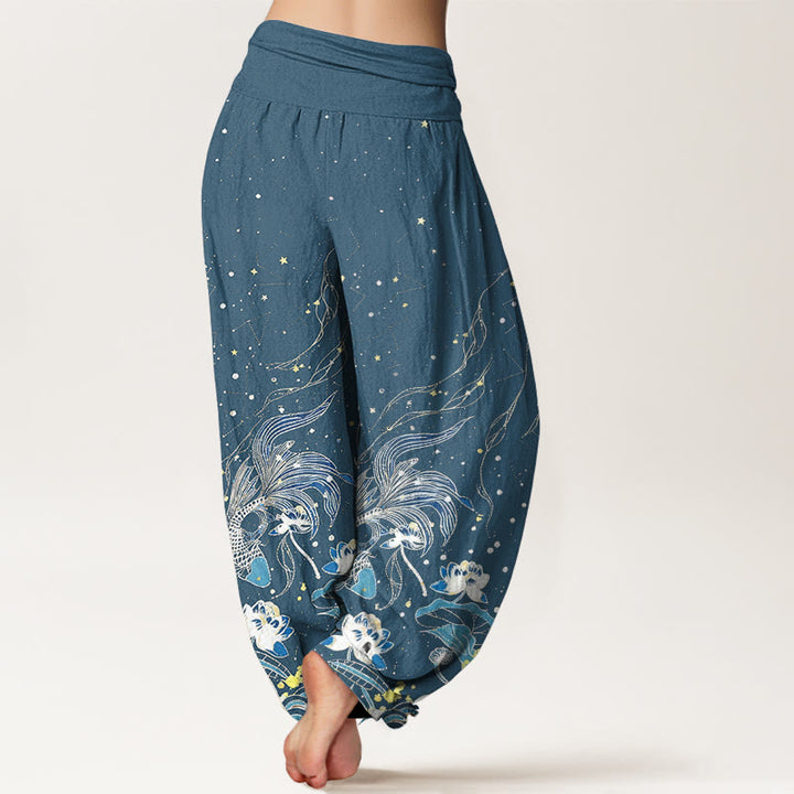 Buddha Stones Cotton Starry Sky Koi Fish Lotus Waves Pattern Women's Elastic Waist Harem Pants - image 10