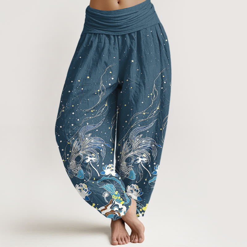 Buddha Stones Cotton Starry Sky Koi Fish Lotus Waves Pattern Women's Elastic Waist Harem Pants - SteelBlue - US16，UK/AU20，EU48 (3XL) - image 8
