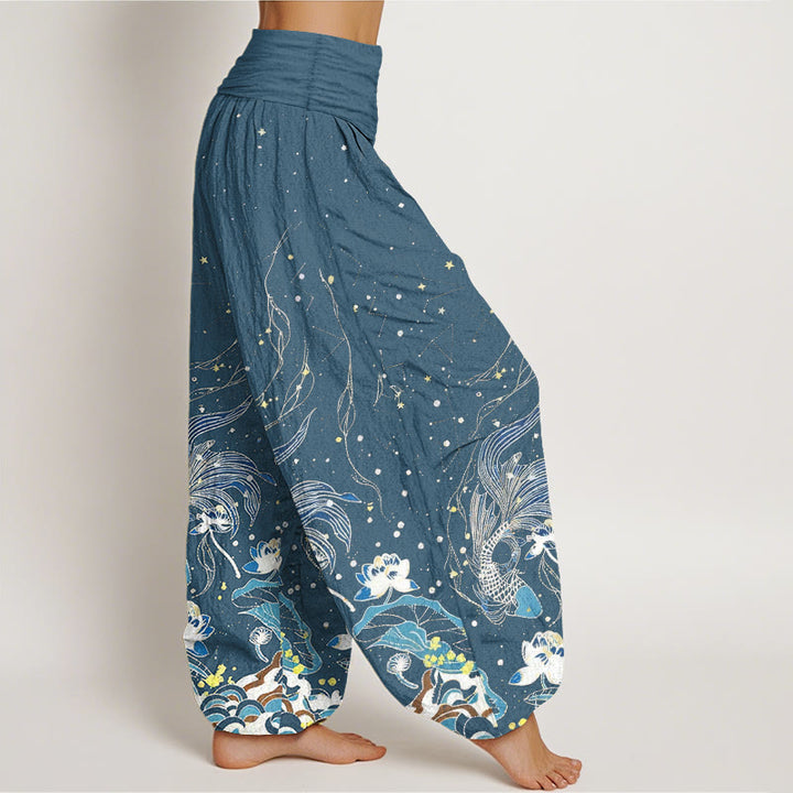 Buddha Stones Cotton Starry Sky Koi Fish Lotus Waves Pattern Women's Elastic Waist Harem Pants - image 9