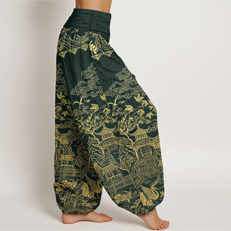 Buddha Stones Cotton Classical Architecture Landscape Animal Auspicious Clouds Pattern Women's Elastic Waist Harem Pants - image 1
