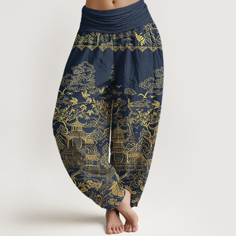 Buddha Stones Cotton Classical Architecture Landscape Animal Auspicious Clouds Pattern Women's Elastic Waist Harem Pants - SteelBlue - US16，UK/AU20，EU48 (3XL) - image 5
