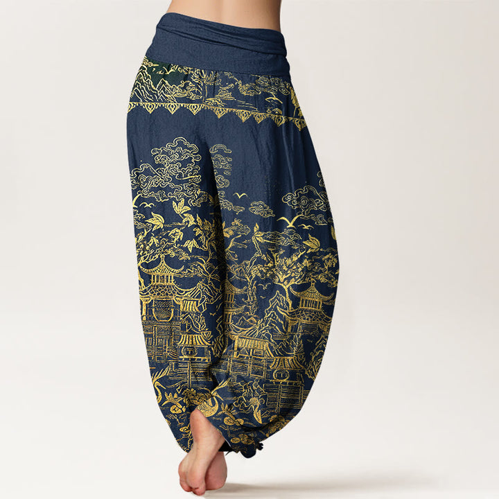Buddha Stones Cotton Classical Architecture Landscape Animal Auspicious Clouds Pattern Women's Elastic Waist Harem Pants - image 7