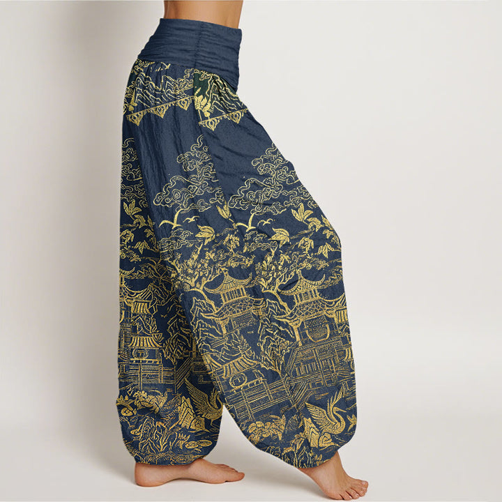 Buddha Stones Cotton Classical Architecture Landscape Animal Auspicious Clouds Pattern Women's Elastic Waist Harem Pants - image 6