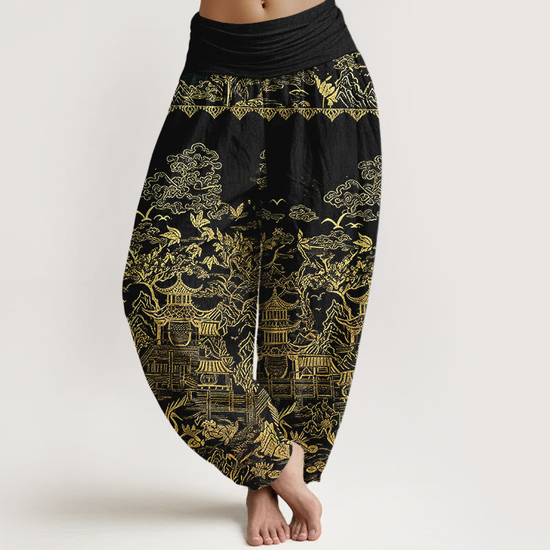 Buddha Stones Cotton Classical Architecture Landscape Animal Auspicious Clouds Pattern Women's Elastic Waist Harem Pants - Black - US16，UK/AU20，EU48 (3XL) - image 8