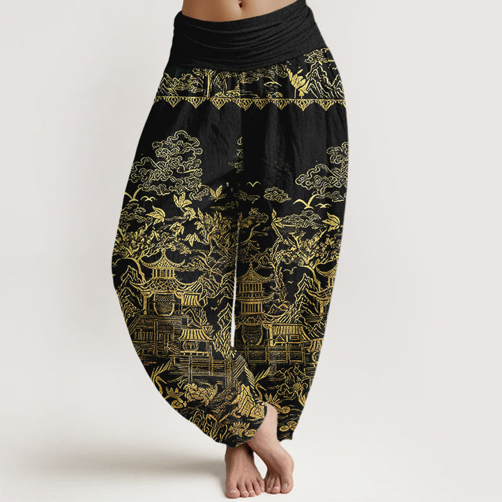 Buddha Stones Cotton Classical Architecture Landscape Animal Auspicious Clouds Pattern Women's Elastic Waist Harem Pants - Black - US16，UK/AU20，EU48 (3XL) - image 8