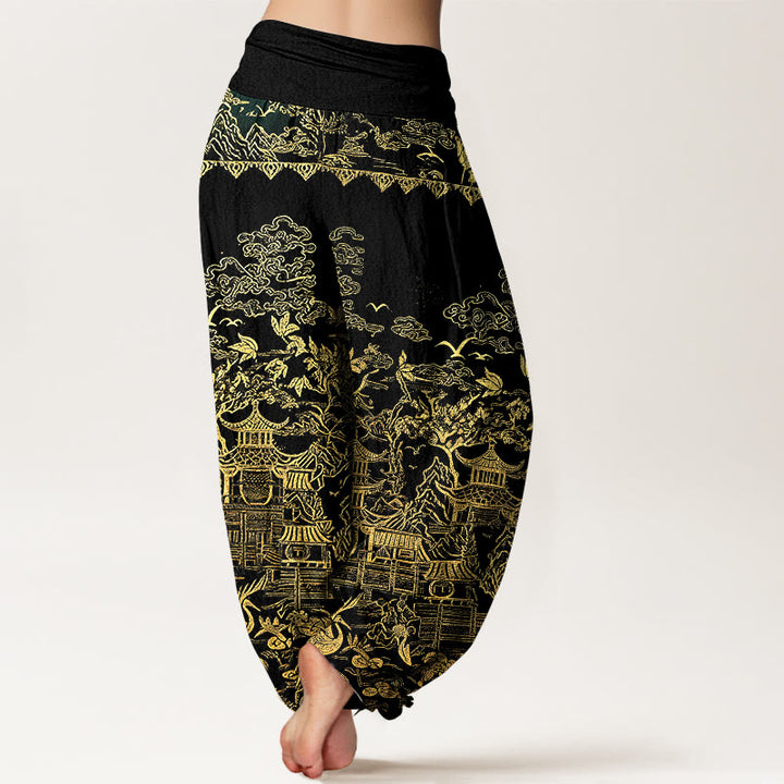 Buddha Stones Cotton Classical Architecture Landscape Animal Auspicious Clouds Pattern Women's Elastic Waist Harem Pants - image 10