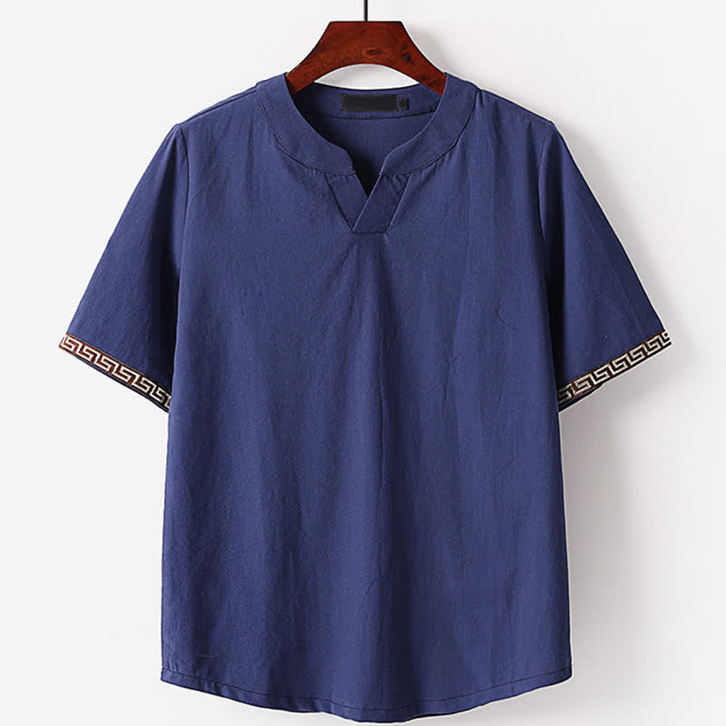 Buddha Stones Summer Embroidered Short Sleeve Notched Collar Men's Cotton Linen T-Shirt - DarkSlateBlue - US/UK/AU56，EU66(9XL) - image 0