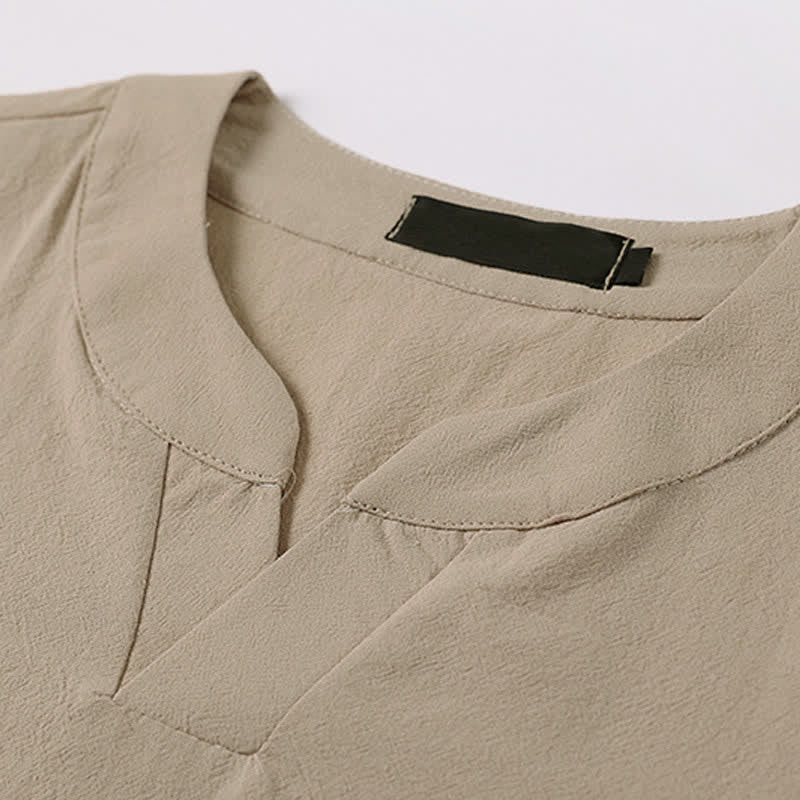 Buddha Stones Summer Embroidered Short Sleeve Notched Collar Men's Cotton Linen T-Shirt - image 6