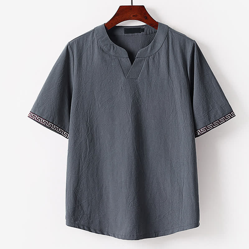 Buddha Stones Summer Embroidered Short Sleeve Notched Collar Men's Cotton Linen T-Shirt - SlateGray - US/UK/AU56，EU66(9XL) - image 2