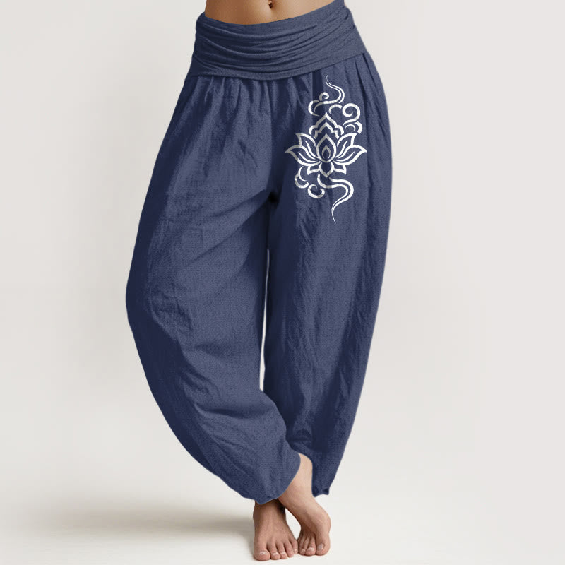 Buddha Stones Cotton Simple Lotus Pattern Women's Elastic Waist Harem Pants - DarkSlateBlue - US16，UK/AU20，EU48 (3XL) - image 8