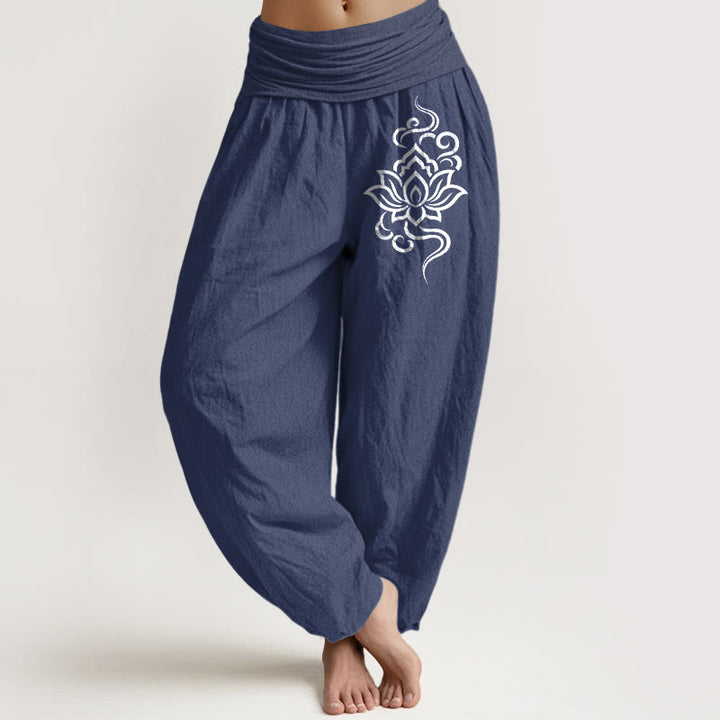 Buddha Stones Cotton Simple Lotus Pattern Women's Elastic Waist Harem Pants - DarkSlateBlue - US16，UK/AU20，EU48 (3XL) - image 8