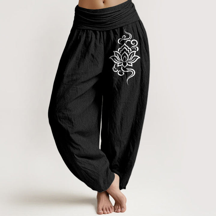 Buddha Stones Cotton Simple Lotus Pattern Women's Elastic Waist Harem Pants - Black - US16，UK/AU20，EU48 (3XL) - image 5