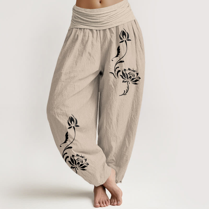 Buddha Stones Cotton Stable Lotus Petals Pattern Women's Elastic Waist Harem Pants - Tan - US16，UK/AU20，EU48 (3XL) - image 11