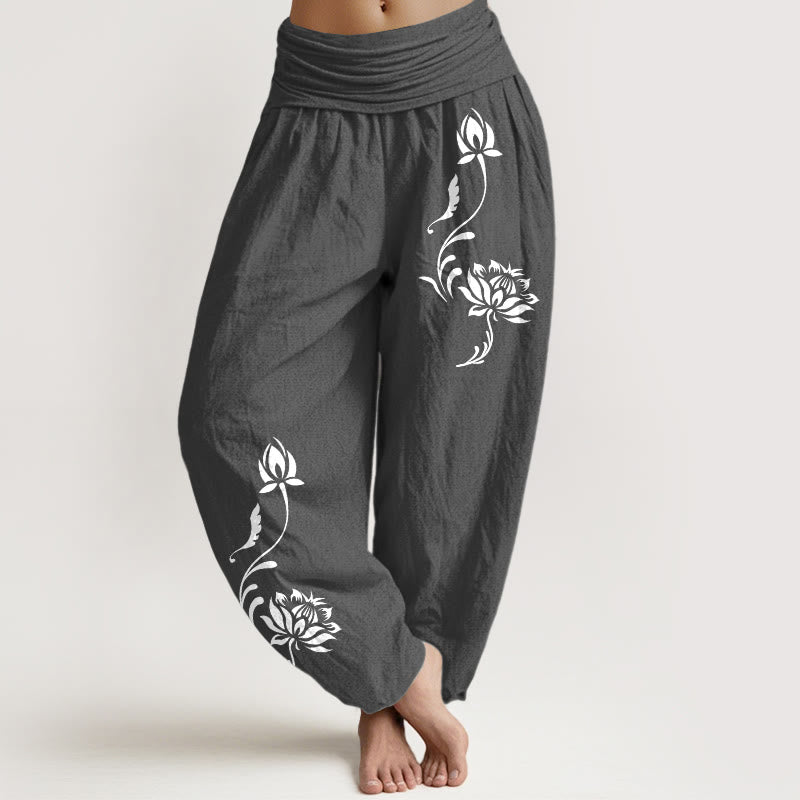 Buddha Stones Cotton Stable Lotus Petals Pattern Women's Elastic Waist Harem Pants - DimGray - US16，UK/AU20，EU48 (3XL) - image 8