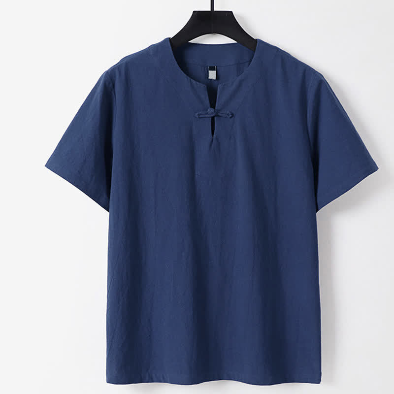 Buddha Stones Solid Color Frog-Button Short Sleeve Notched Collar Men's Cotton Linen T-Shirt - DarkBlue - US/UK/AU56，EU66(9XL) - image 3