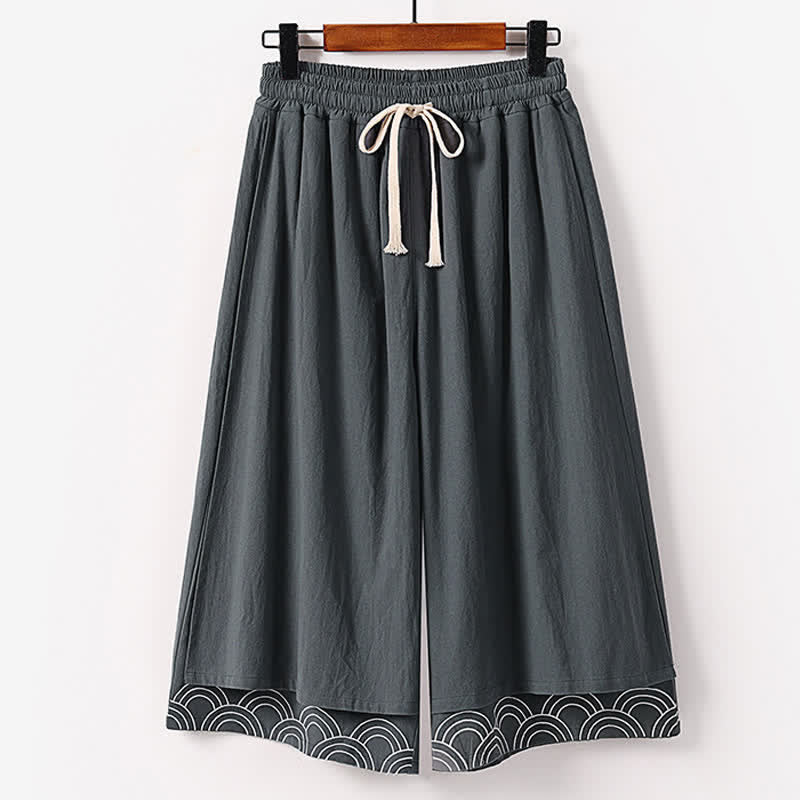 Buddha Stones Summer Embroidery Capri Length Cotton Linen Men's Wide Leg Pants With Pockets - SlateGray - US/UK/AU50，EU60 (7XL) - image 2