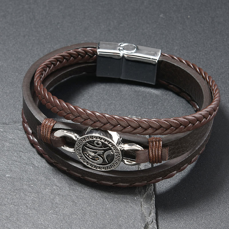 Buddha Stones Om Round Engraved Multilayered Braided Retro Leather Bracelet - Coffee-Colored Leather(Wrist Circumference: 18-19cm) - image 3