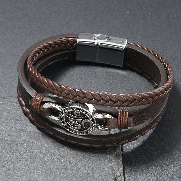 Buddha Stones Om Round Engraved Multilayered Braided Retro Leather Bracelet - Coffee-Colored Leather(Wrist Circumference: 18-19cm) - image 3