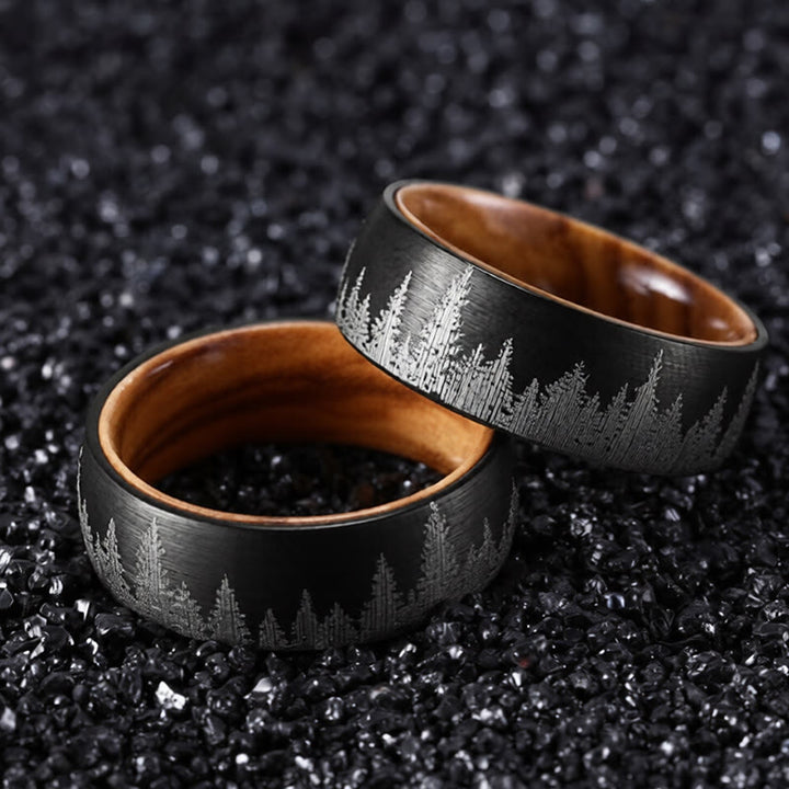 Buddha Stones Forest Pattern Wood Tungsten Steel Strength Ring - Black - 22.7 mm - image 0