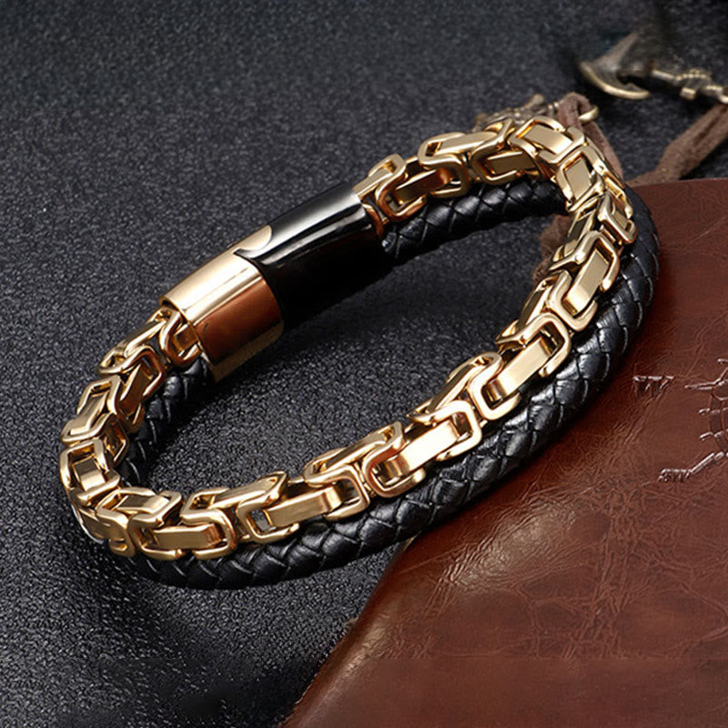 Buddha Stones Link Chain Double Wrap Braided Leather Balance Bracelet - Golden Titanium Steel(Wrist Circumference: 18-19cm) - image 5