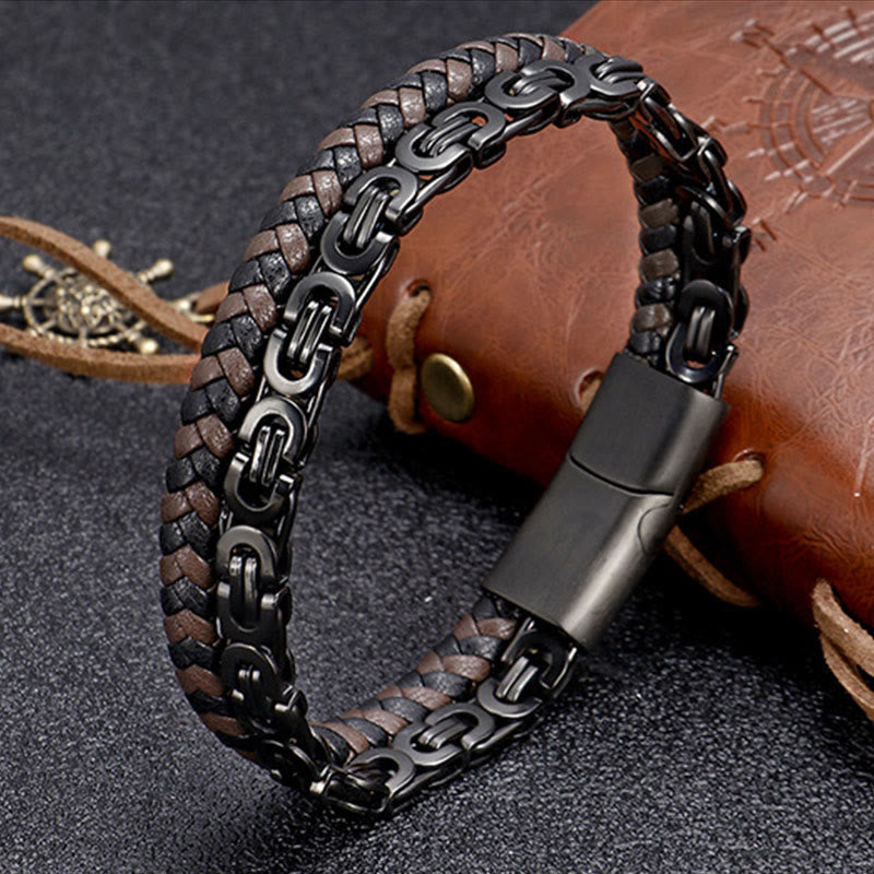 Buddha Stones Link Chain Double Wrap Braided Leather Balance Bracelet - Black Titanium Steel(Wrist Circumference: 18-19cm) - image 0