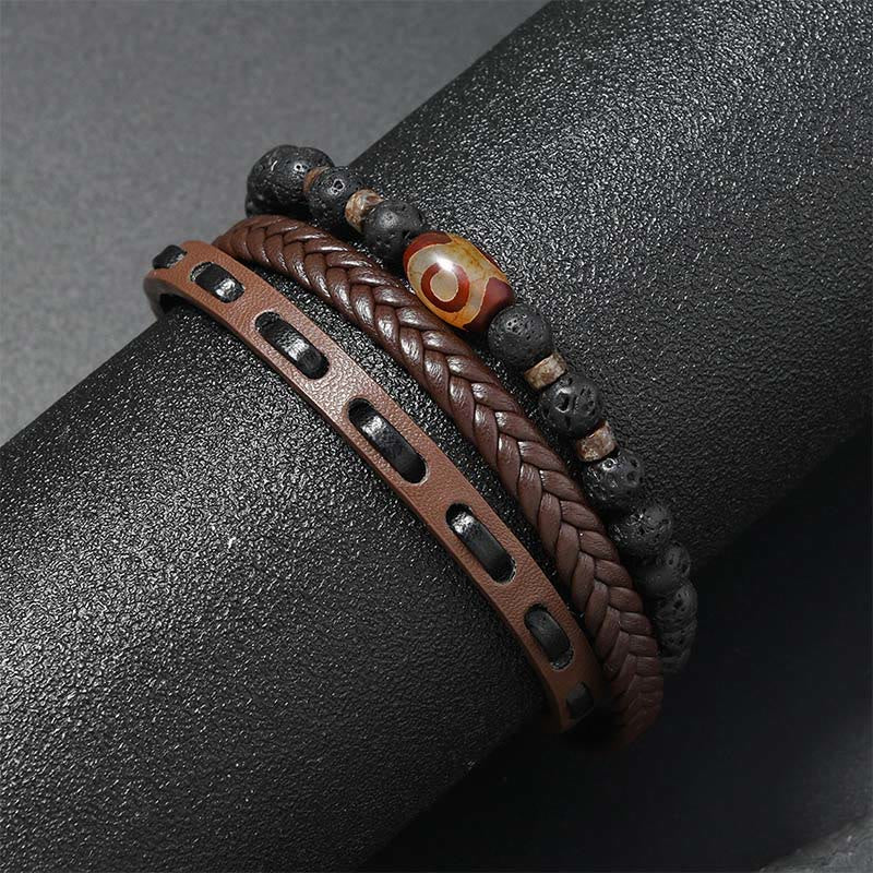Buddha Stones Dzi Bead Lava Rock Multilayered Braided Leather Wealth Bracelet - image 4