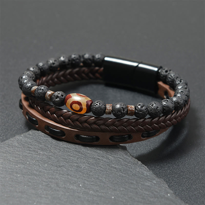 Buddha Stones Dzi Bead Lava Rock Multilayered Braided Leather Wealth Bracelet - Coffee-Colored Leather(Wrist Circumference: 18-19cm) - image 3