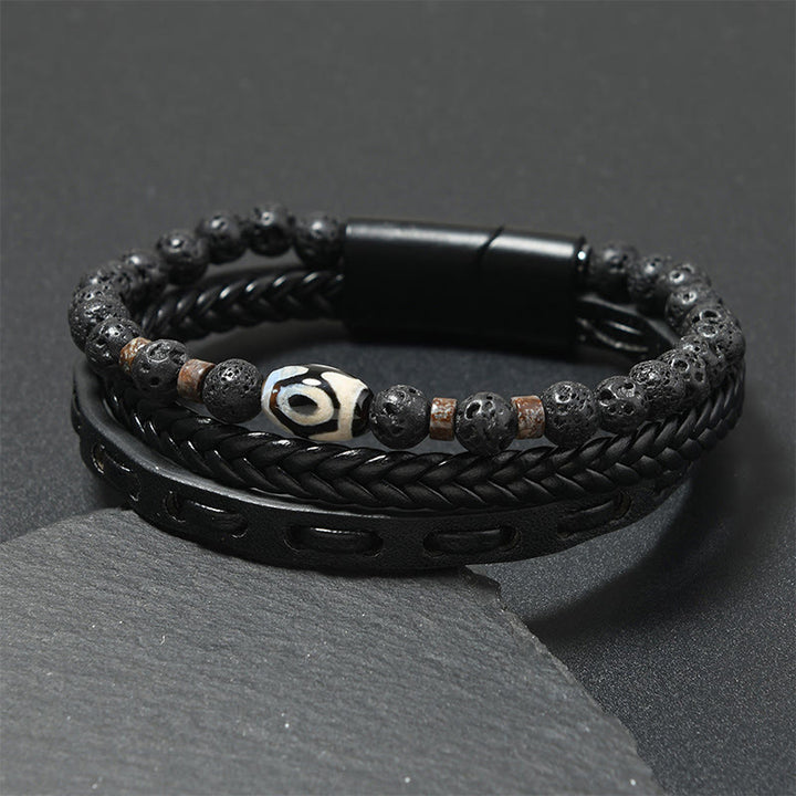 Buddha Stones Dzi Bead Lava Rock Multilayered Braided Leather Wealth Bracelet - Black Leather(Wrist Circumference: 18-19cm) - image 0