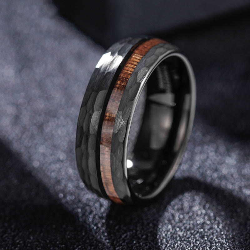 Buddha Stones Hammered Texture Inlay Tungsten Steel Endurance Ring - image 0