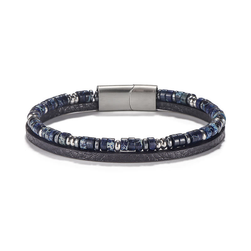 Buddha Stones Lapis Lazuli Tiger Eye Bead Balance Leather Bracelet - Lapis Lazuli(Wrist Circumference: 18-19cm) - Rondelle Beads Round Spacer Beads - image 3