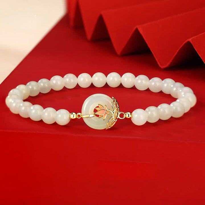 Buddha Stones 925 Sterling Silver Hetian White Jade Lotus Symbol Peace Buckle Harmony Beaded Bracelet - Lotus - Hetian White Jade(Wrist Circumference 15-16cm) - image 0