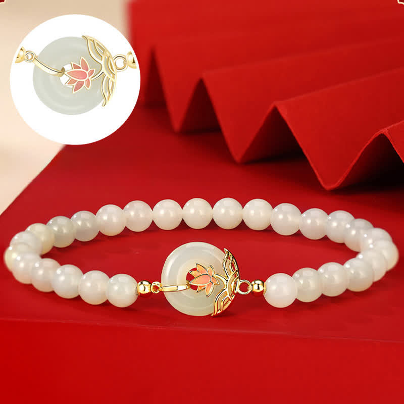 Buddha Stones 925 Sterling Silver Hetian White Jade Lotus Symbol Peace Buckle Harmony Beaded Bracelet - image 2