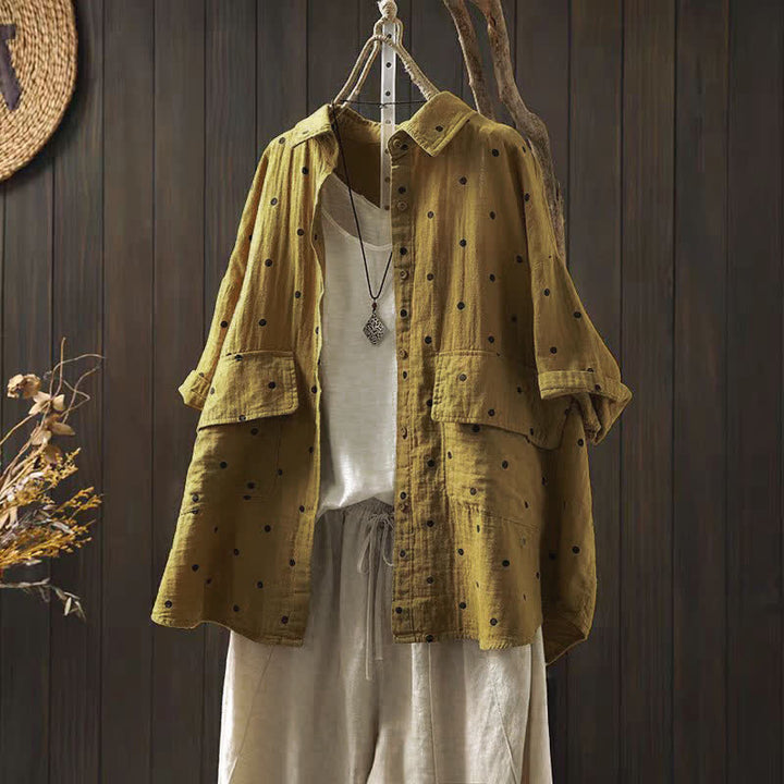 Buddha Stones Women's Commute Short Sleeve Polka Dot Lapel Cotton Shirt With Pockets - Goldenrod - US12，UK/AU16，EU44 (2XL) - image 10
