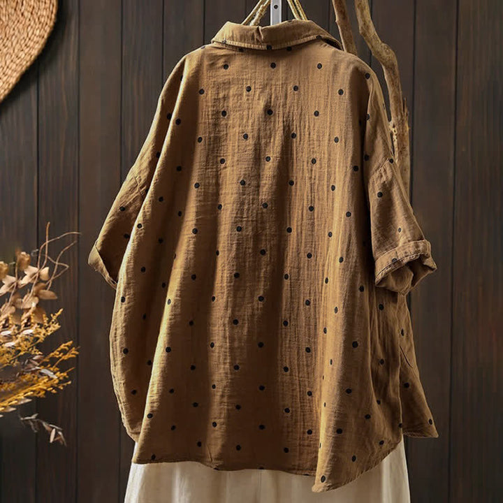 Buddha Stones Women's Commute Short Sleeve Polka Dot Lapel Cotton Shirt With Pockets - image 15
